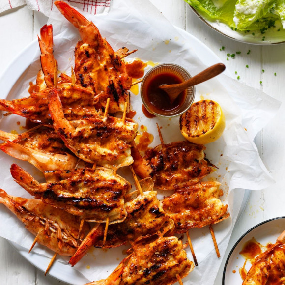 Texas Style Butterflied BBQ Prawn skewers