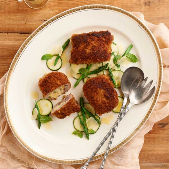 Lemon and Mozzarella Veal Pockets with Pecorino Zucchini Salad 