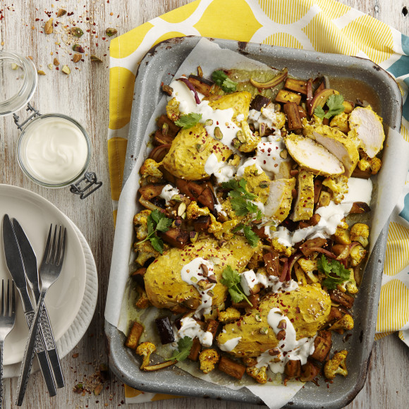 Turmeric and Yogurt Roasted Chicken, Cauliflower and Eggplant