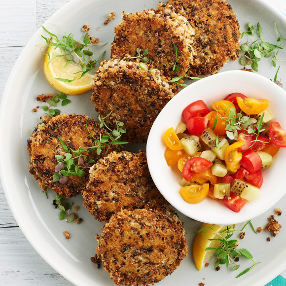 Healthy Quinoa, Cauliflower and Cheddar Fritters with Kiwi Salsa