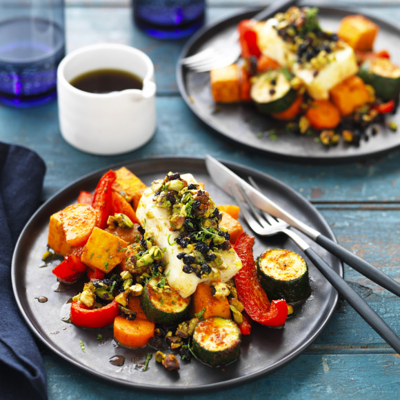 Baked Haloumi with Spiced Vegetable Bake