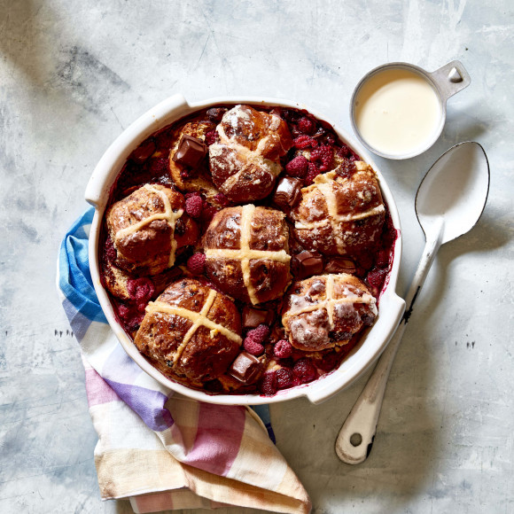 Easy Chocolate and Raspberry Leftover Hot Cross Bun Pudding