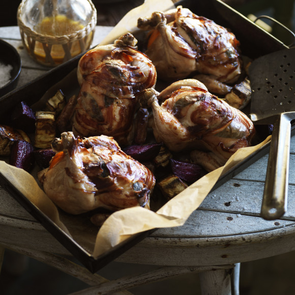 Whole Roast Stuffed Spatchcock with Mandarin, Wrapped in Pancetta with Sage, Eggplant and Beetroot