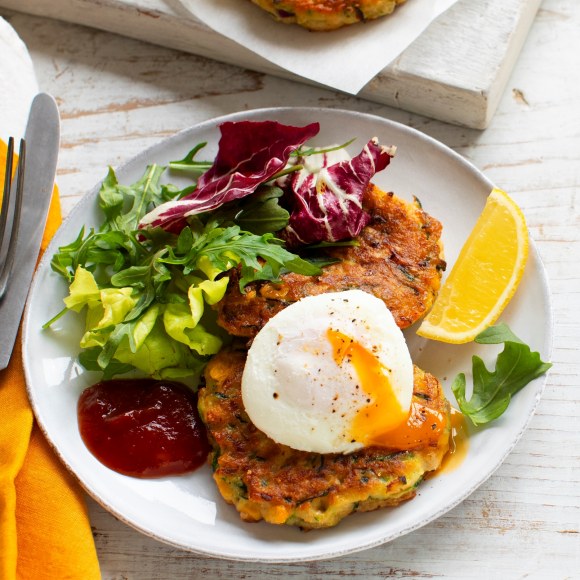 Cheesy Corn and Zucchini Fritters Poached Eggs and Tomato Relish