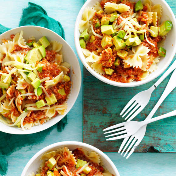 Veggie Smuggler pasta recipe with avocados