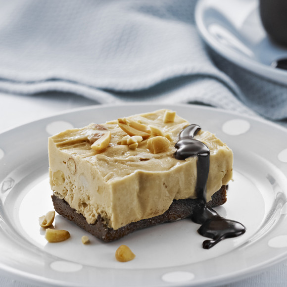 Frozen Choc-Peanut Butter Slice with Brown Sugar Chocolate Sauce