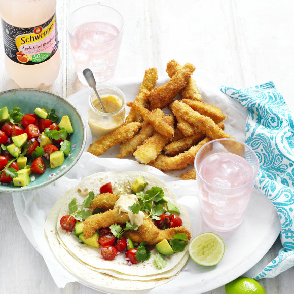 Crispy Fish Tacos recipe with Tomato and Avocado Salsa