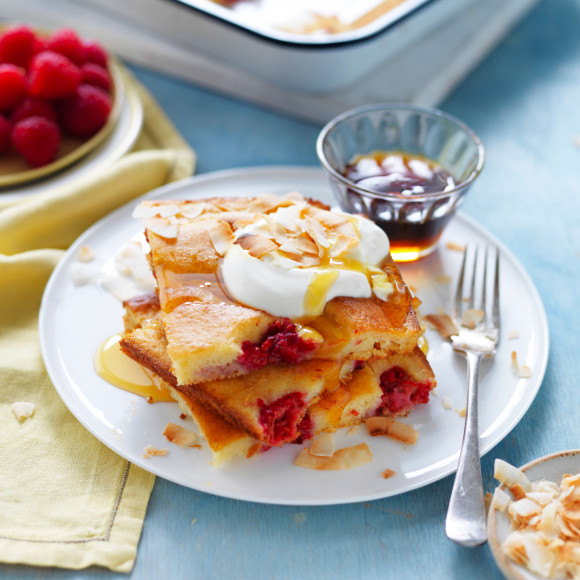 Tray bake pancake with mango, raspberries and coconut
