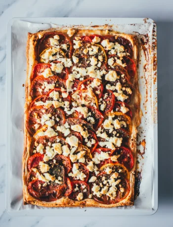 Als Topshot fotografierte, frisch gebackene Tomatenquiche auf dem Blech.