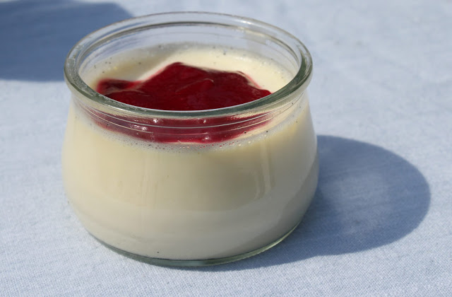 eine Portion selbst gemachte Panna Cotta mit Himbeerpüree