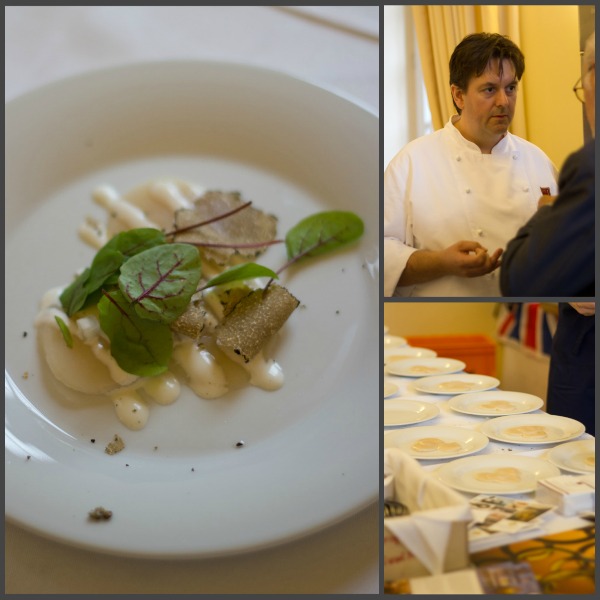 William Drabble, Carpaccio von handgefangenen Jakobsmuscheln mit weißer Trüffelvinaigrette und Jerusalem Artischocken, 2012 Chardonnay Azienda Agricola Jermann, Friaul, Südtirol