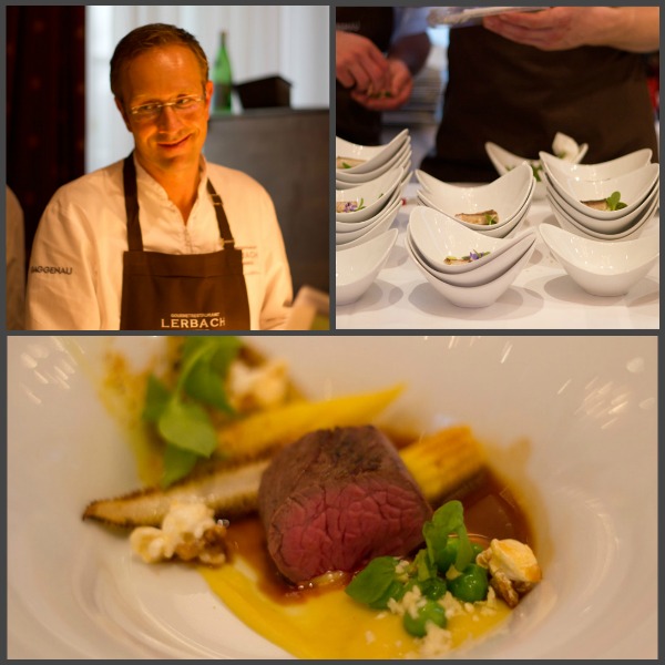 Nils Henkel, Geröstete Makrele, Gurke in Texturen, Couscoussalat, Onglet vom Rind, Barbecuejus, Mais, Vogelmiere, 2010 Chassagne-Montrachet blanc von der Domaine Bernard Moreau, Burgund, Frankreich