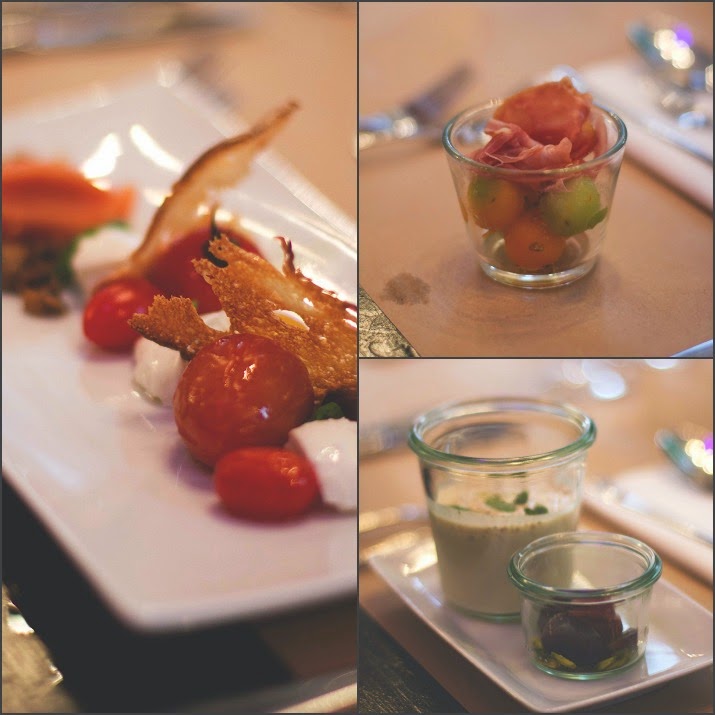 Super Club Stadt Land Food Menü, die ersten Gänge Super Club Stadt Land Food Menü: v.l.n.r. im Uhrzeigersinn: Caprese heiß und kalt, Melone mit Orange und Fenchelkaramell, Ajo blanco mit geeisten Trauben
