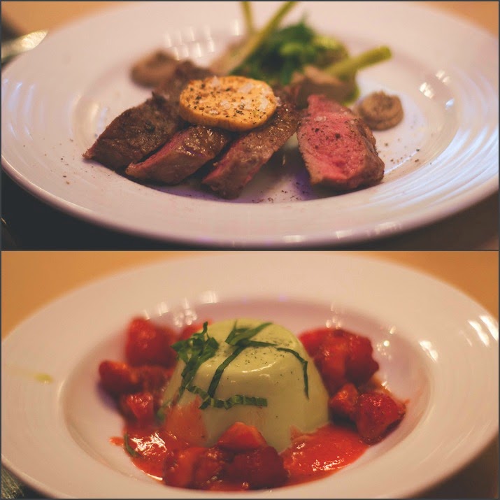 Super Club Stadt Land Food Menü, Hauptgang und Dessert Super Club Stadt Land Food Menü: oben: Rumpsteak sous-vide mit geeistem Kichererbsenpüree und grünem Gemüse, unten: Basilikum Panna Cotta mit Pfeffer-Erdbeeren und Balsamico