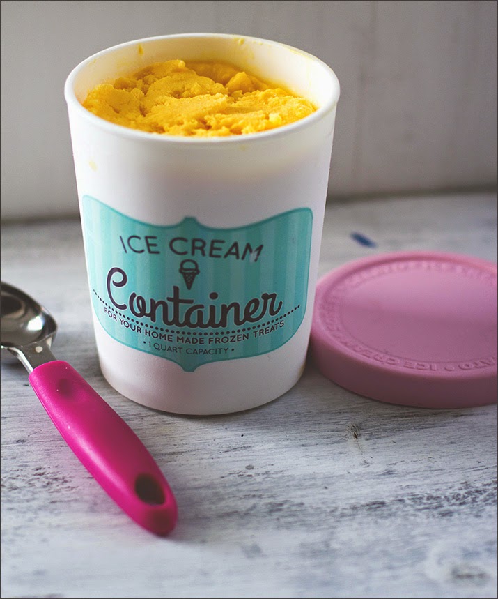 Mango Frozen Yogurt - selbstgemachtes Eis aus der Eismaschine mit Mangos und griechischem Joghurt Mango-Eis mit Joghurt, in einem Ice Cream Container