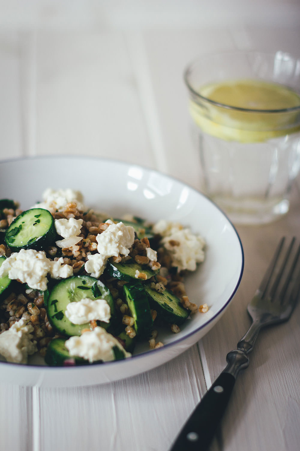 Rezept für Gurken-Dinkel-Salat | Gesunder und sättigender Gurkensalat mit vorgekochten Dinkelkörnern und Hüttenkäse | moeyskitchen.com #gurkensalat #gurken #salat #sommer #rezepte #foodblogger #dinkel #gesunderezepte