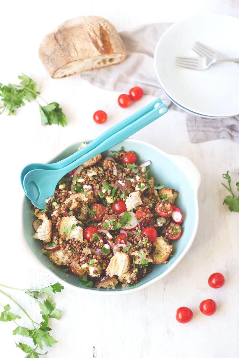 Mediterraner Linsensalat mit Ciabatta, Tomaten und Mozzarella - sommerliches Feierabend-Rezept | moeyskitchen.com