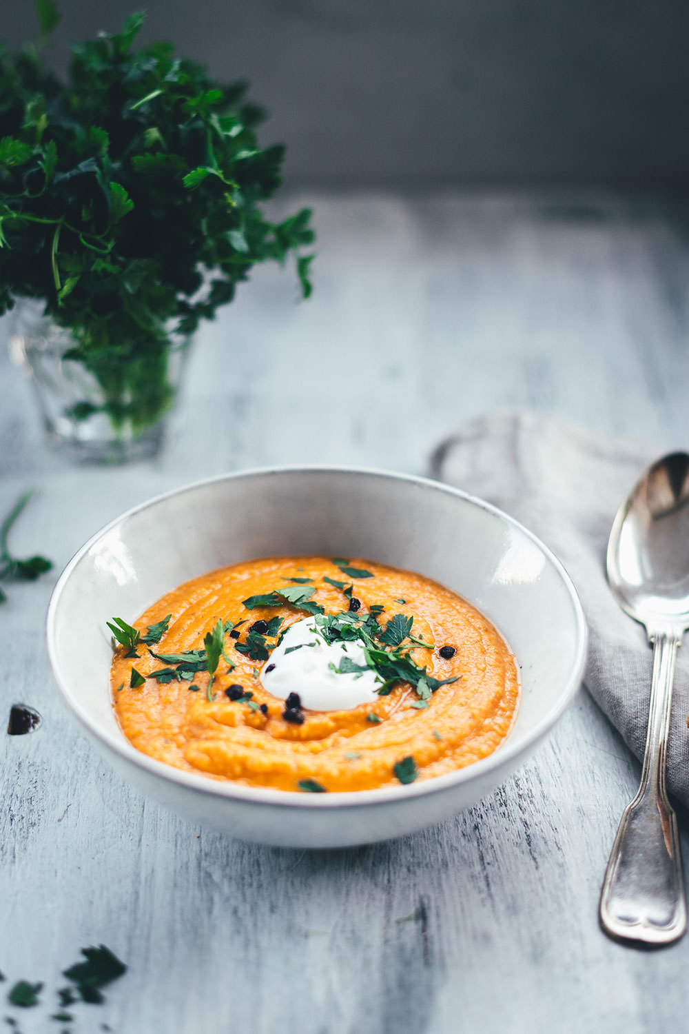 Rezept für eine würzige Rote-Linsen-Suppe mit Cayenne-Pfeffer und geräuchertem Paprikapulver. Rote Linsen und weiße Bohnen sättigen wunderbar, Möhren und Zwiebel geben der Suppe Substanz. Fein püriert und serviert mit einem Klecks Schmand und gehackter Petersilie ist es eine fantastische vegetarische Suppe für kalte Tage nicht nur im Winter! | moeyskitchen.com