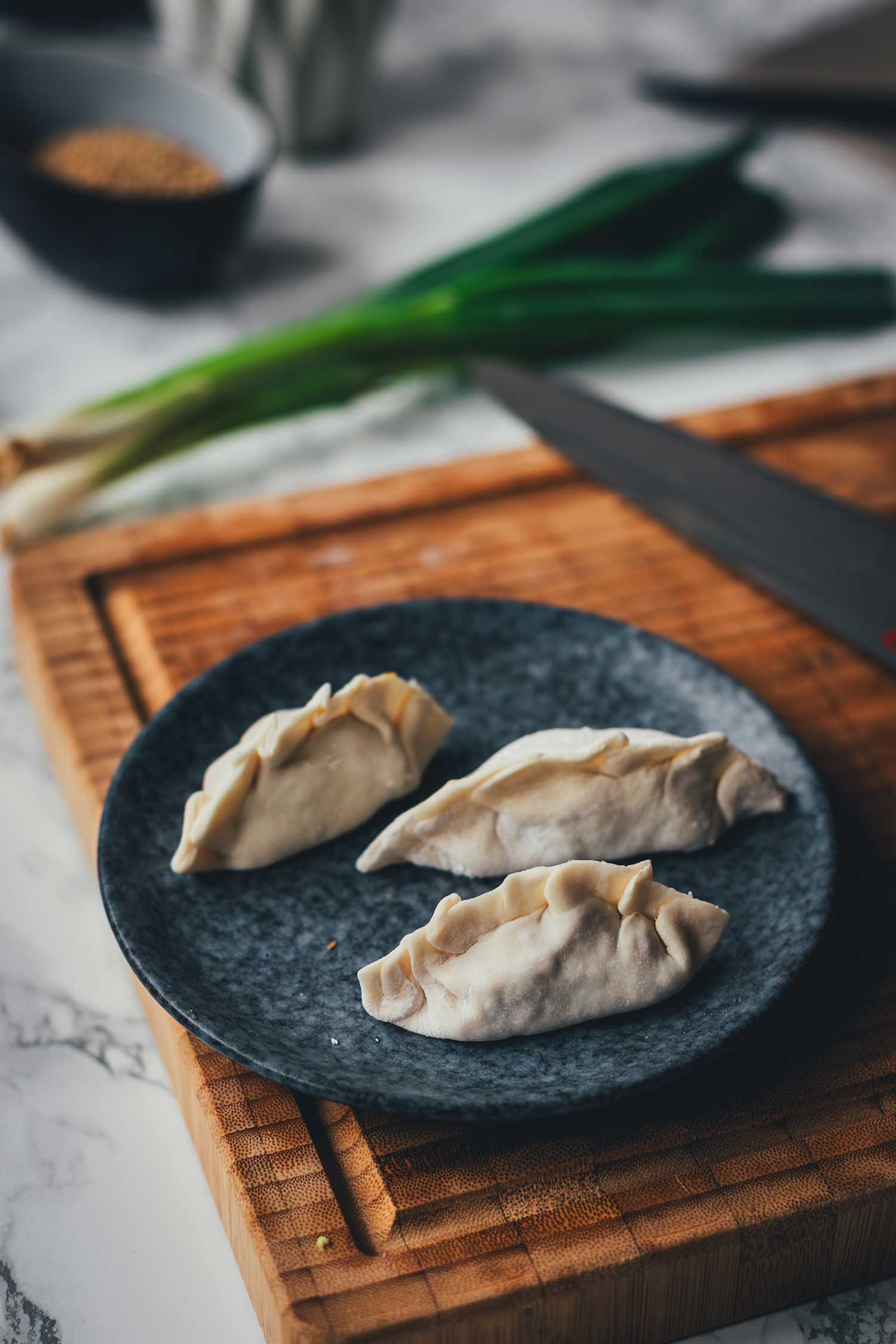 Roh gefaltete japanische Gyoza vor dem Braten