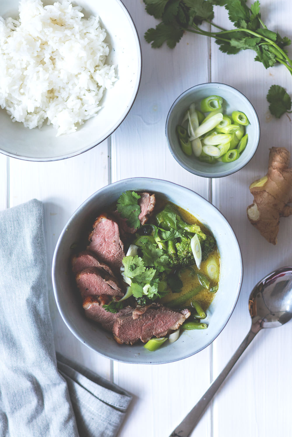 Rezept für einfaches grünes Thai-Curry mit knuspriger Entenbrust, grünen Bohnen, Brokkoli, Frühlingszwiebeln und Koriander | Saisonal schmeckt's besser | moeyskitchen.com