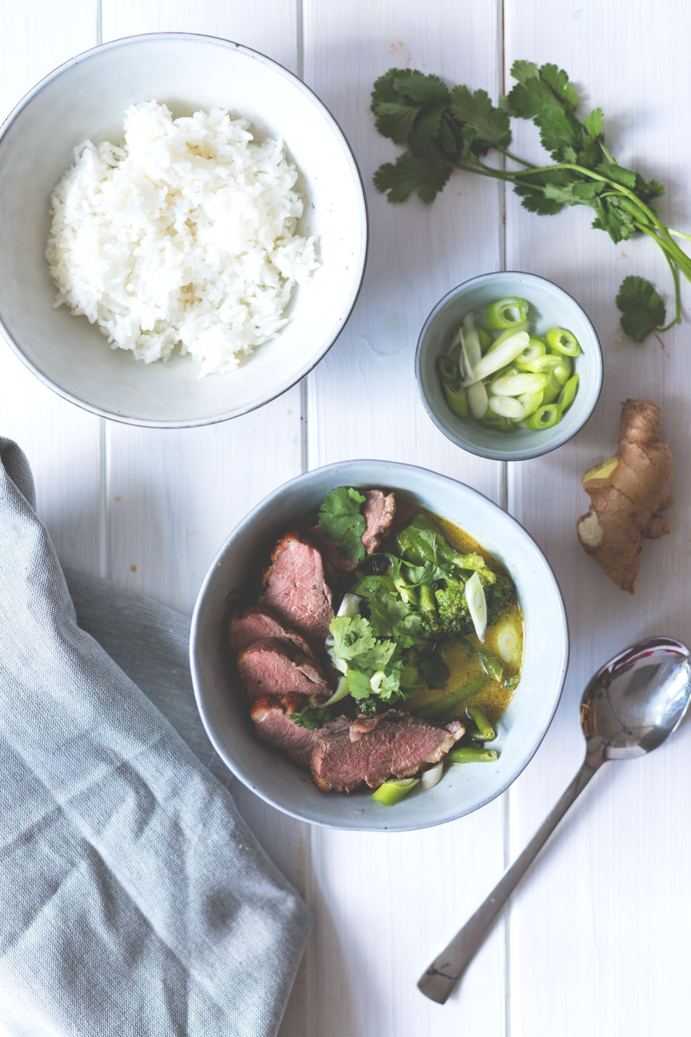 Rezept für einfaches grünes Thai-Curry mit knuspriger Entenbrust, grünen Bohnen, Brokkoli, Frühlingszwiebeln und Koriander | Saisonal schmeckt's besser | moeyskitchen.com #thaicurry #entenbrust #rezept
