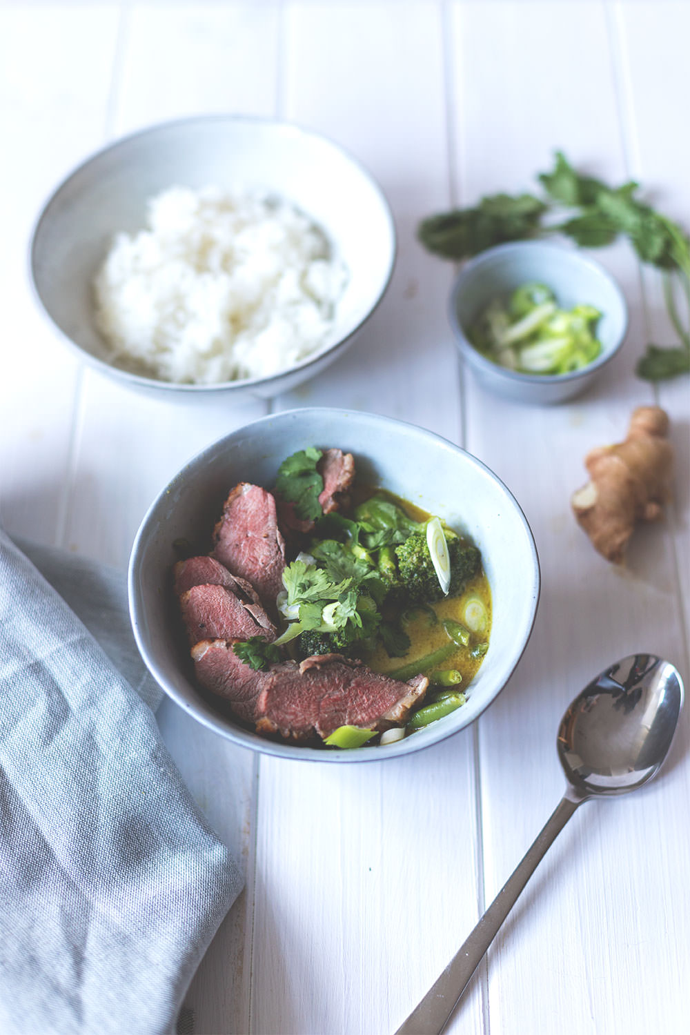 Rezept für einfaches grünes Thai-Curry mit knuspriger Entenbrust, grünen Bohnen, Brokkoli, Frühlingszwiebeln und Koriander | Saisonal schmeckt's besser | moeyskitchen.com