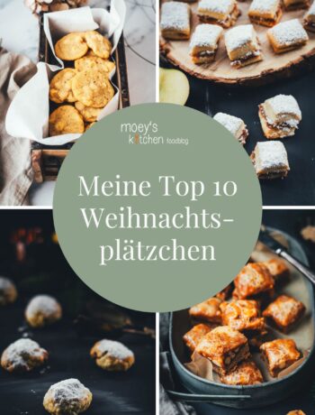 Collage mit vier Rezepten für Weihnachtsplätzchen – Cookies, Stollen-Konfekt und Lebkuchen-Karamell-Würfel – mit dem Titel ‚Meine Top 10 Weihnachtsplätzchen‘