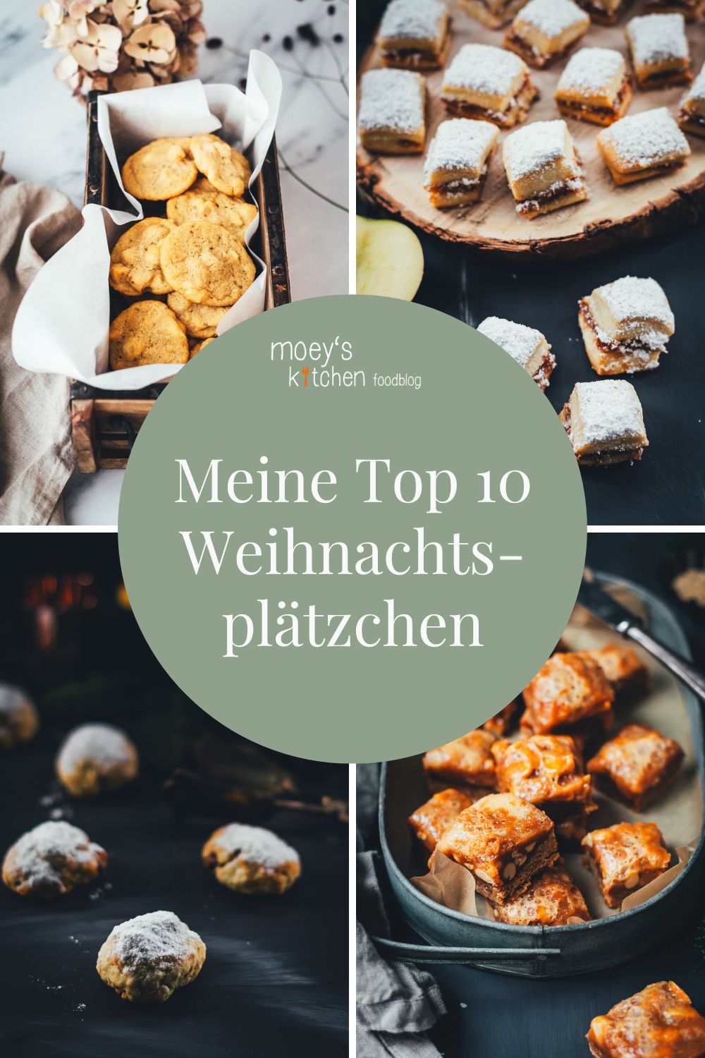 Collage mit vier Rezepten für Weihnachtsplätzchen – Cookies, Stollen-Konfekt und Lebkuchen-Karamell-Würfel – mit dem Titel ‚Meine Top 10 Weihnachtsplätzchen‘