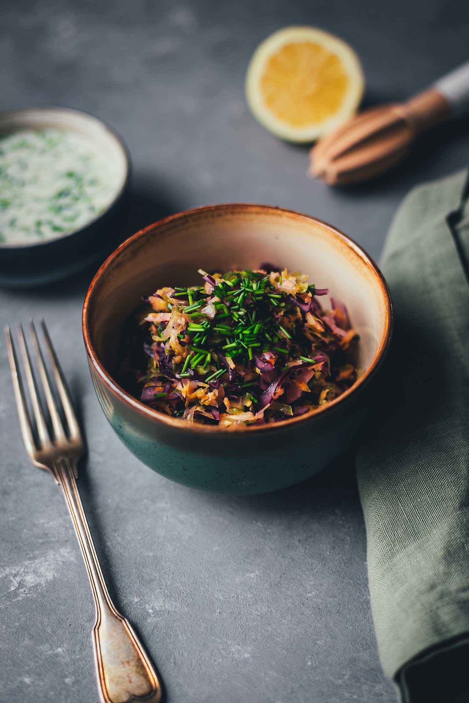 Bunter Krautsalat aus Rotkohl, Weißkohl und Rosenkohl in einer Schale, bestreut mit Schnittlauch – im Hintergrund Buttermilch-Zitronen-Dressing.