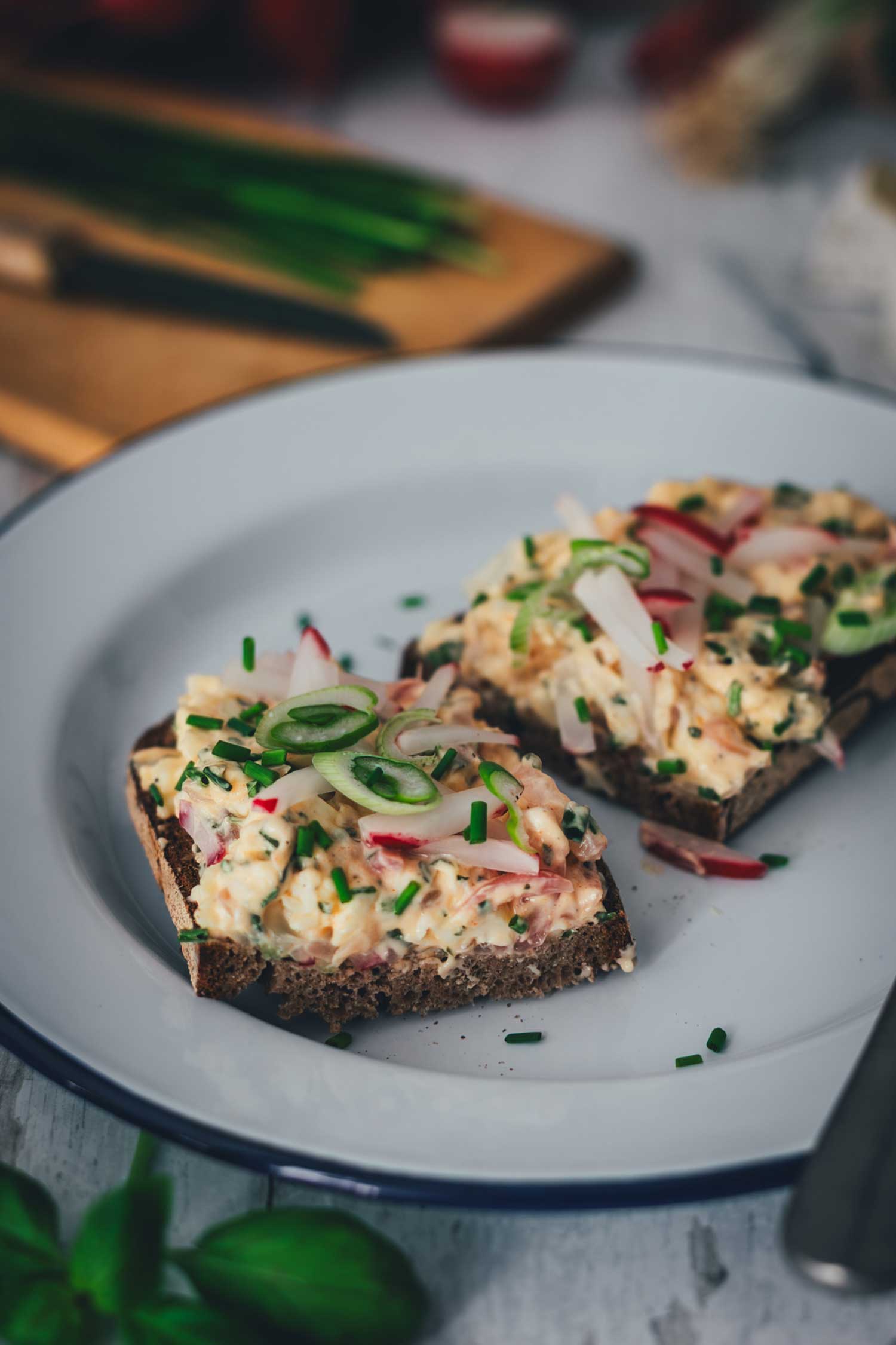 Zwei Scheiben rustikales Brot, dick bestrichen mit Frühlings-Obatzda und reichlich garniert mit Radieschenstiften, Frühlingszwiebeln und Schnittlauch auf einem weißen Emaille-Teller.
