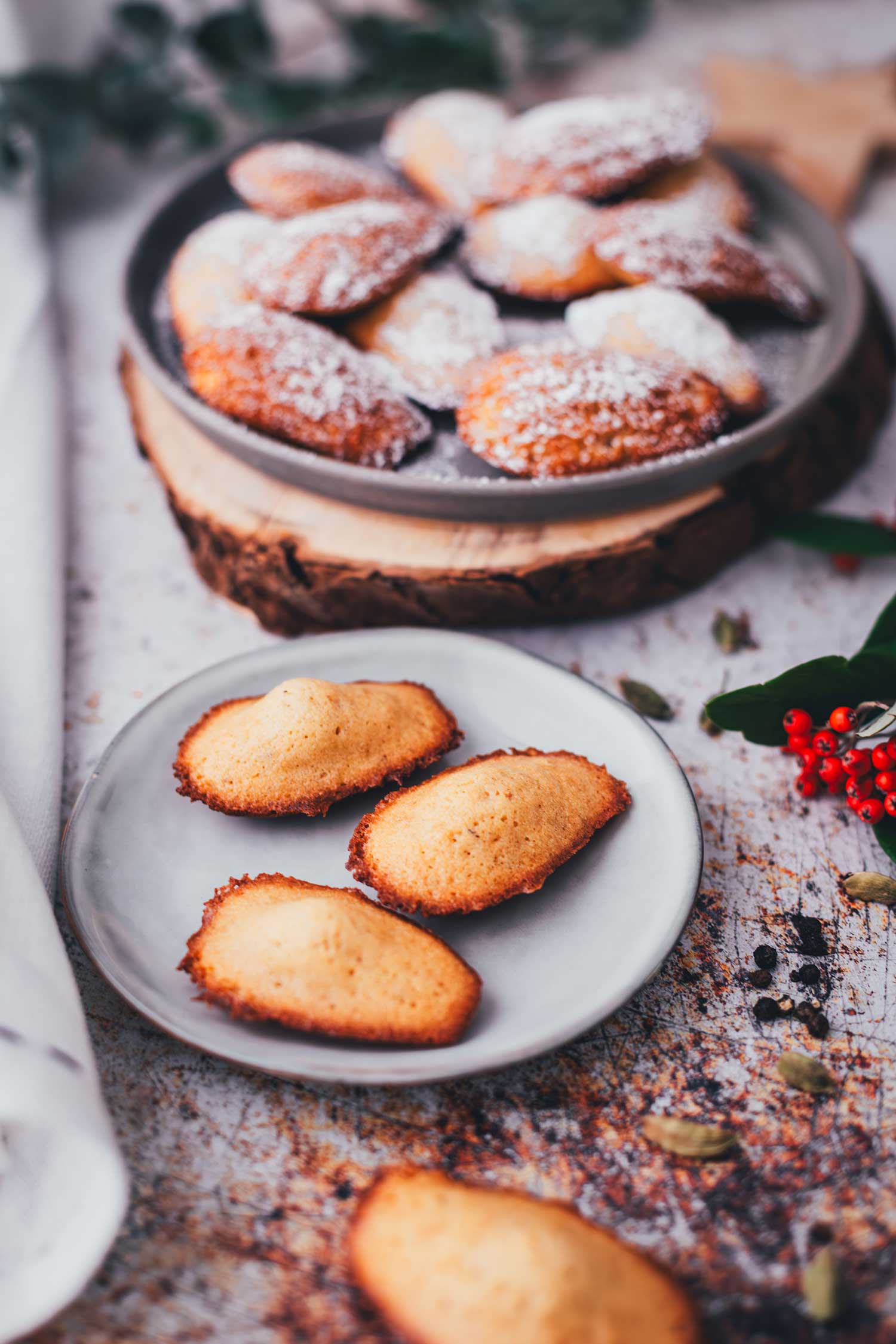 Frisch gebackene Lebkuchen-Madeleines auf einem Teller ganz pur und im Hintergrund gestapelt und mit Puderzucker bestäubt | moeyskitchen.com