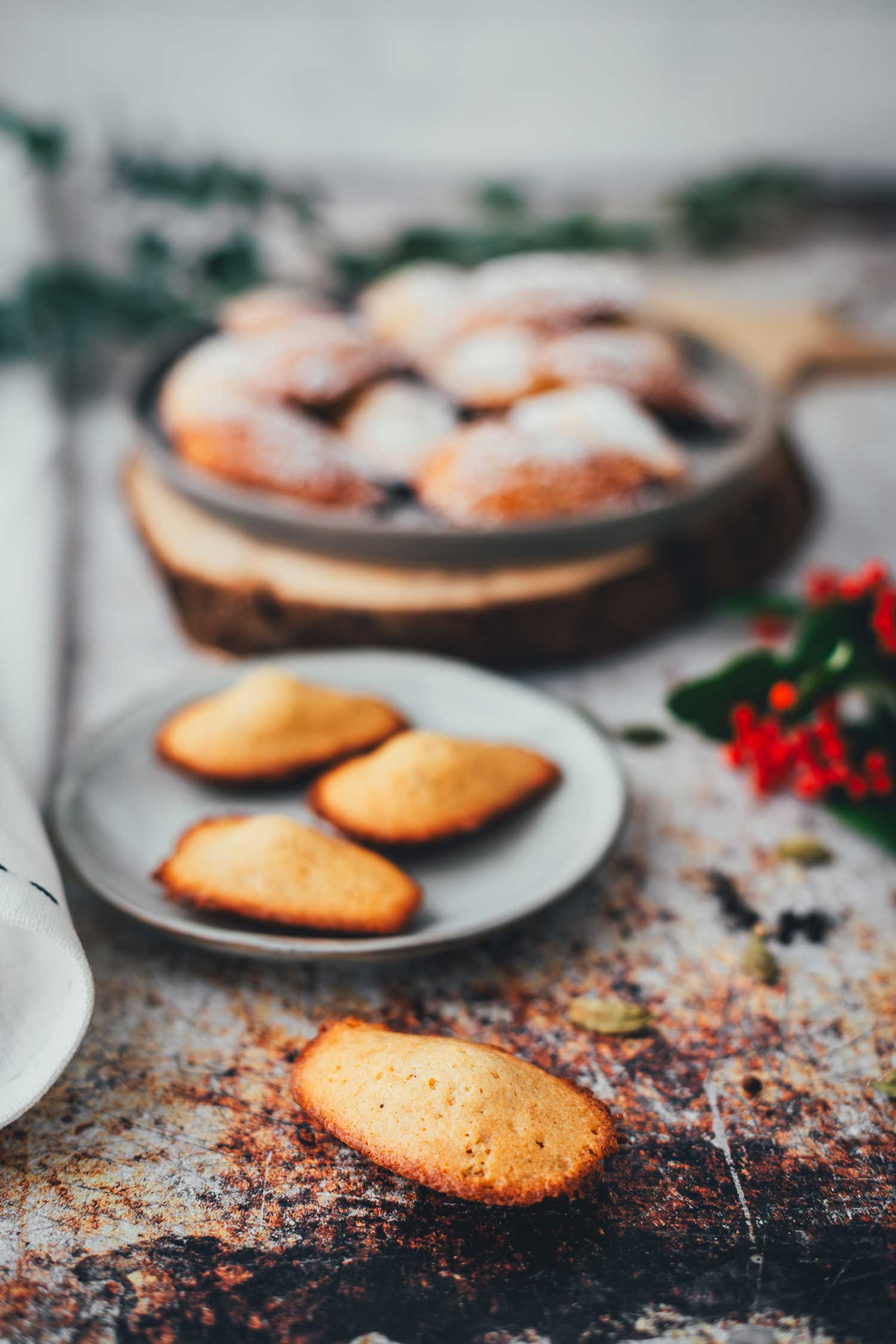 Seitliche Aufnahme von frisch gebackenen Lebkuchen-Madeleines. Im Vordergrund ganz pur, im Hintergrund mit Puderzucker bestäubt | moeyskitchen.com