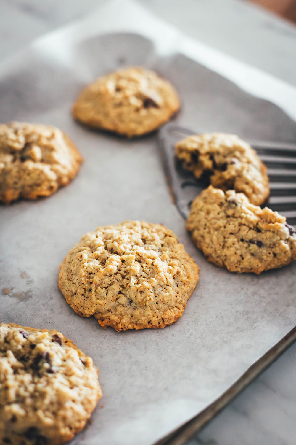 Hier verrate ich mein Rezept für die besten Haferflocken Cookies! In den USA kennt man vor allem Oatmeal Raisin Cookies. Ich backe meine Haferflocken-Kekse hier allerdings ohne Rosinen und stattdessen mit Schokostückchen. Das Ergebnis sind wunderbar softe Chocolate Chip Oatmeal Cookies. Weiche, schokoladige, aber nicht zu süße Haferkekse. Die Zubereitung ist wirklich sehr einfach, dazu ist die Besonderheit, dass diese Kekse ganz ohne Mehl auskommen. | moeyskitchen.com