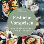 Collage aus vier festlichen Vorspeisen für Weihnachten und Silvester: winterlicher Nizza-Salat mit Pulled Lachs, cremige Riesling-Sekt-Suppe im Glas, Lachs-Trifle mit Honig-Senf-Sauce und französische Zwiebelsuppe mit überbackenem Käsebrot