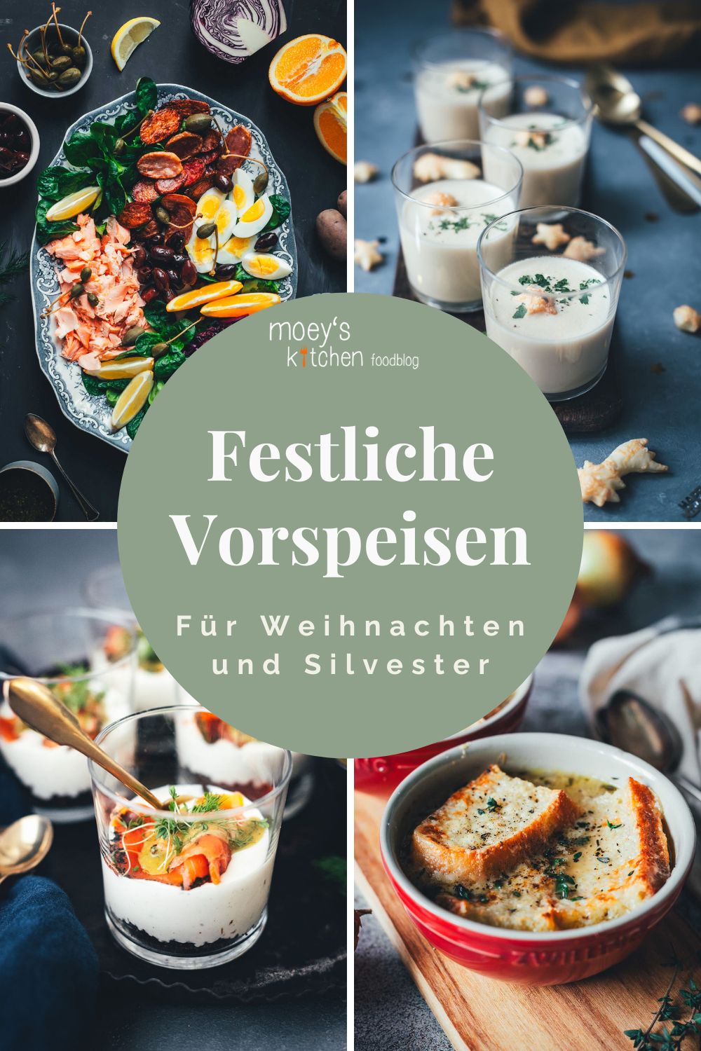 Collage aus vier festlichen Vorspeisen für Weihnachten und Silvester: winterlicher Nizza-Salat mit Pulled Lachs, cremige Riesling-Sekt-Suppe im Glas, Lachs-Trifle mit Honig-Senf-Sauce und französische Zwiebelsuppe mit überbackenem Käsebrot