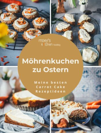 Collage mit verschiedenen Carrot Cake Rezeptideen: saftiger Möhrenkuchen, Cookies, Scones und Cheesecake – Titel: "Möhrenkuchen zu Ostern" eingeblendet | moeyskitchen.com
