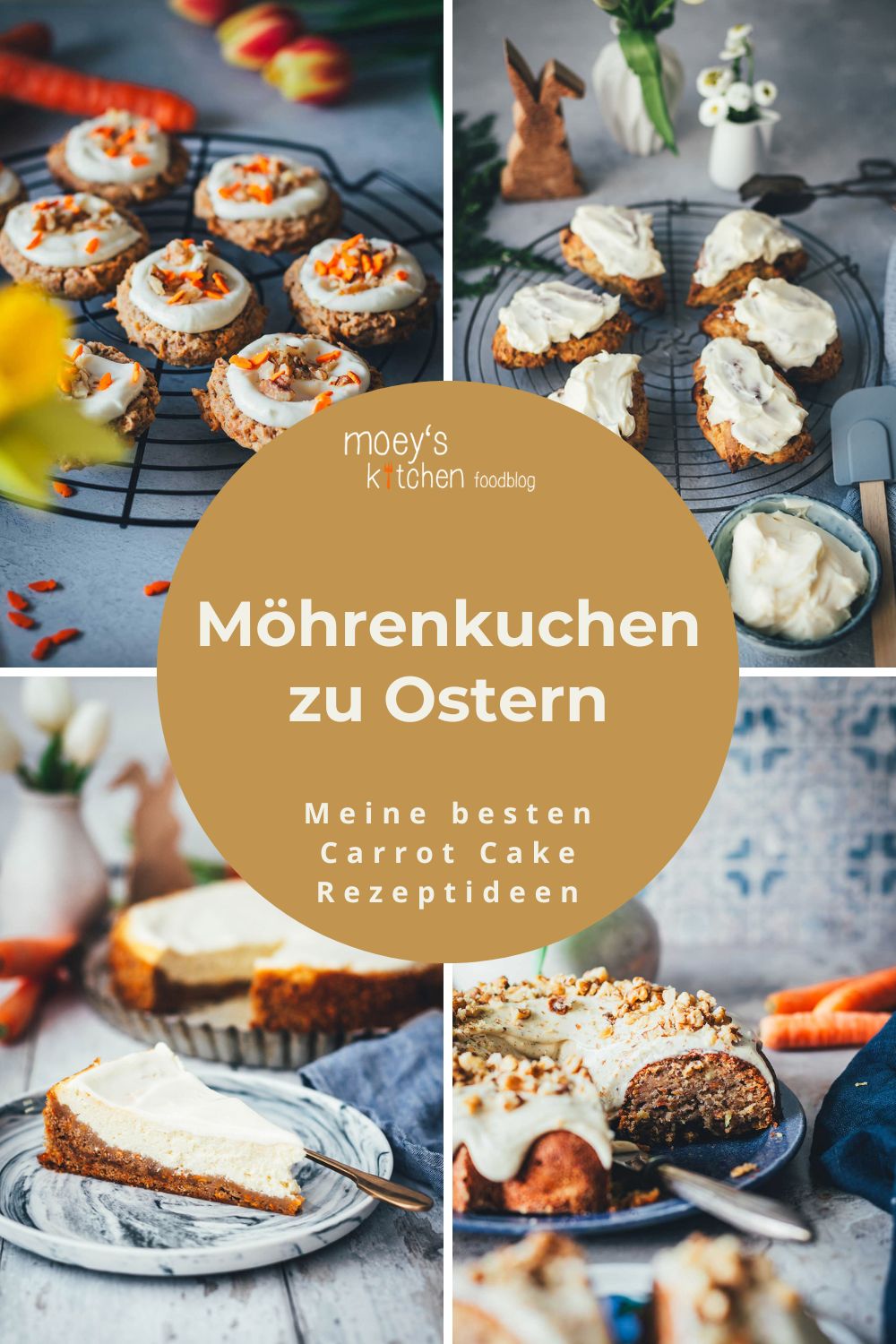 Collage mit verschiedenen Carrot Cake Rezeptideen: saftiger Möhrenkuchen, Cookies, Scones und Cheesecake – Titel: "Möhrenkuchen zu Ostern" eingeblendet | moeyskitchen.com