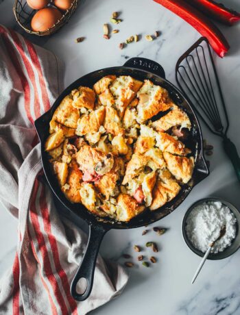 Rezept für fluffigen Rhabarber-Kaiserschmarrn aus dem Ofen, ganz ohne Wenden! In 30 Minuten fertig und einfach gemachter Schmarrn. | moeyskitchen.com