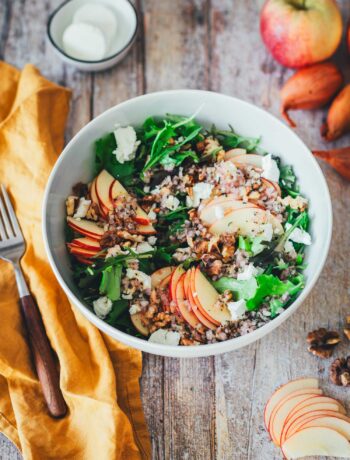 Seitliche Ansicht von einer Salatschüssel mit Herbstsalat – grüner Salat mit Apfel, Ziegenfrischkäse und Walnüssen. Daneben eine gabel mit Holzgriff und eine gelbe Serviette. | moeyskitchen.com