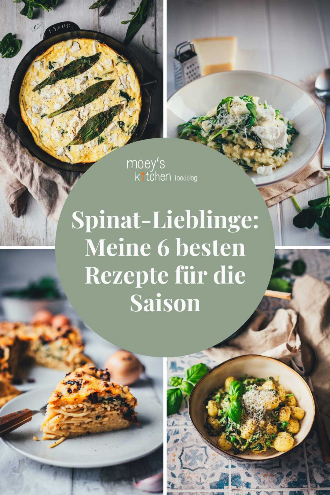 Collage mit 4 verschiedenen Spinat-Rezepten wie Frittata, Risotto, Gnocchi und Spaghetti-Kuchen für die Saison 2026.
