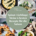 Collage mit 4 verschiedenen Spinat-Rezepten wie Frittata, Risotto, Gnocchi und Spaghetti-Kuchen für die Saison 2026.