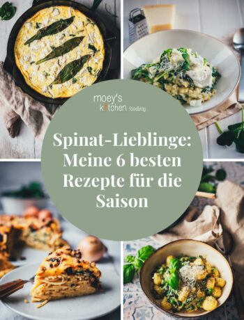 Collage mit 4 verschiedenen Spinat-Rezepten wie Frittata, Risotto, Gnocchi und Spaghetti-Kuchen für die Saison 2026.