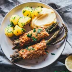 Spargel Cordon Bleu mit grünem Spargel, Hollandaise und Petersilienkartoffeln auf hellem Teller von oben